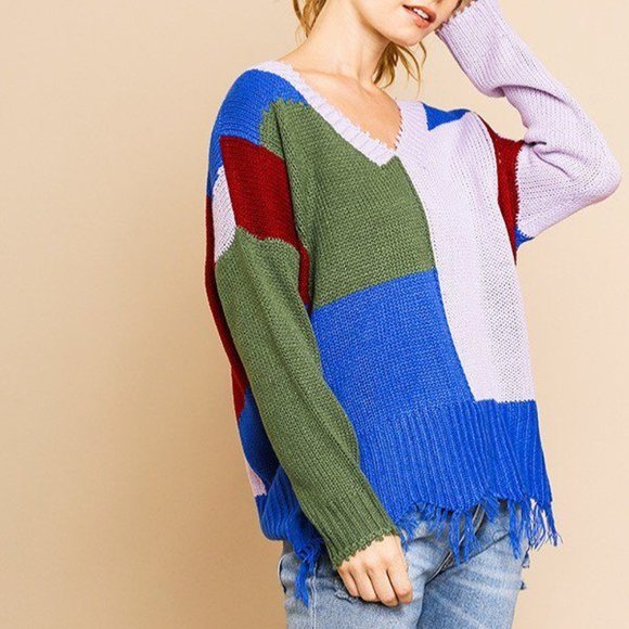 Women's Multi Color Blocked Long Sleeve V Neck Knit Pullover Sweater Size-L NWT - Picture 3 of 6